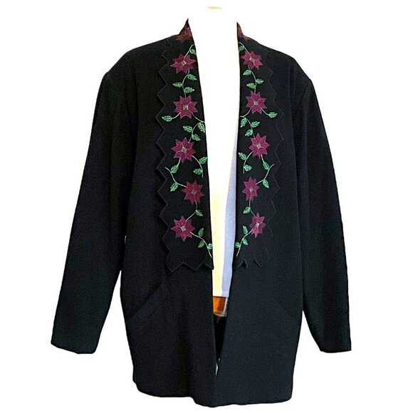 Beth Schaeffer Vintage 90s Womens Open Front Jacket Black Wool Floral Embroidery - Picture 1 of 8